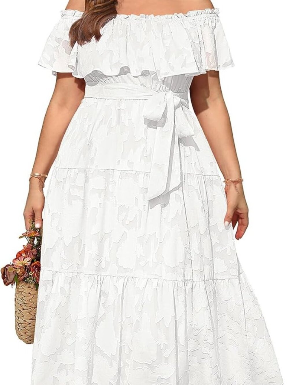 Amazon White Off-the-Shoulder Jacquard Floral Tiered Maxi Dress